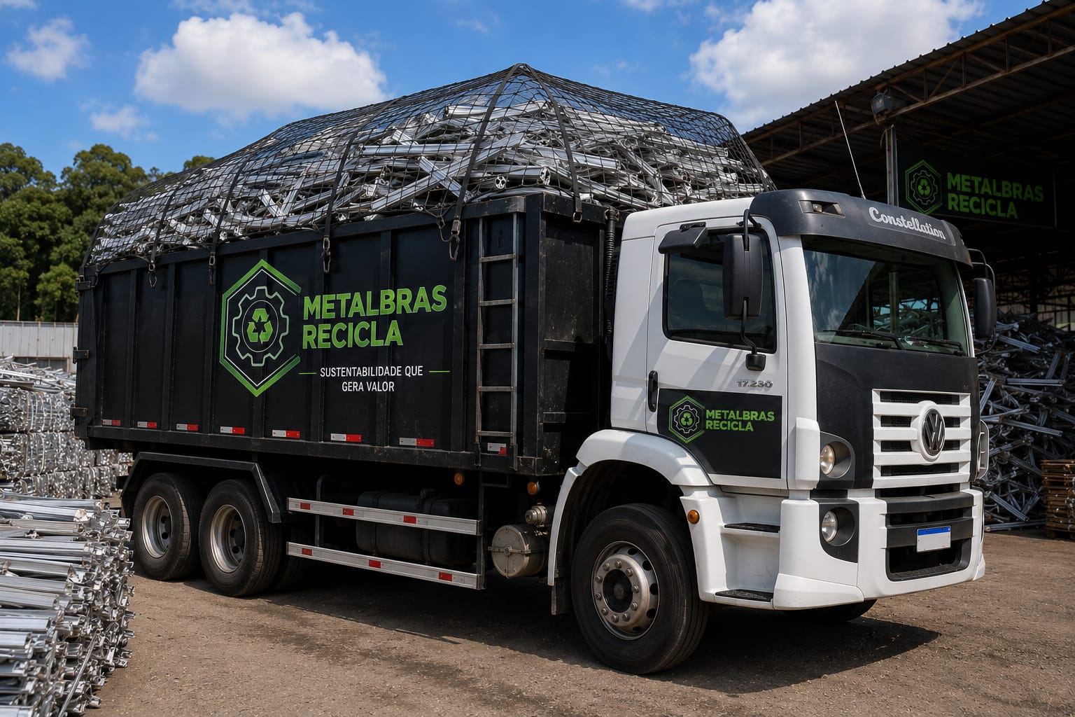 Caminhão da Metalbras Recicla carregado de perfis de alumínio, estacionado no pátio da empresa