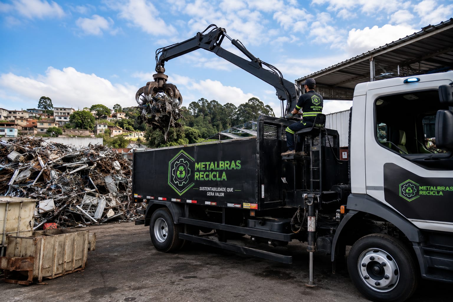 Caminhão da Metalbras Recicla com garra hidráulica carregando sucata metálica no pátio